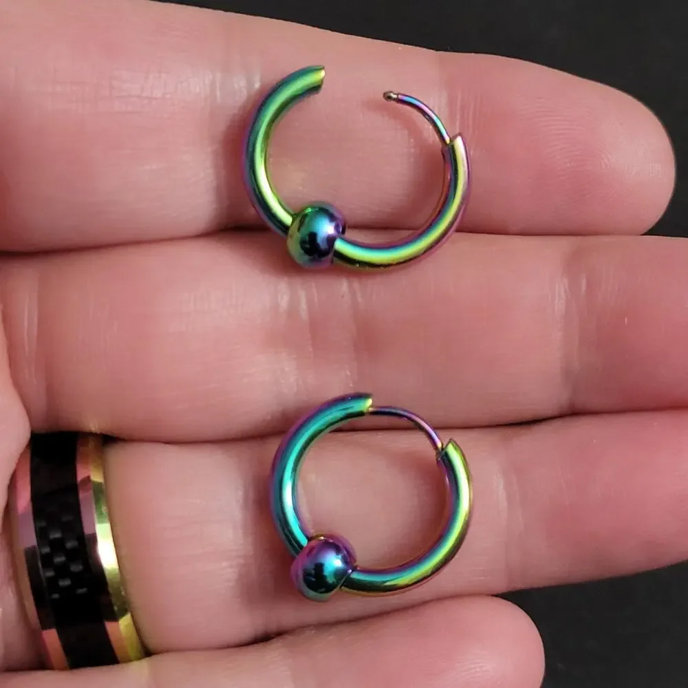 Rainbow oil slick multicolor rainbow stainless steel ball charm hoop earrings